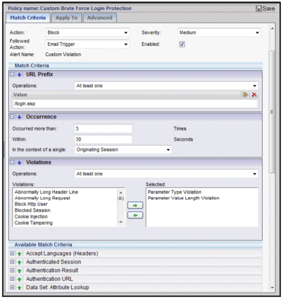 SecureSphere offers custom web application correlation policies that can be built from over two dozen match criteria. The above image shows a custom brute force policy.