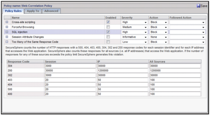 SecureSphere's pre-defined correlation rules, including advanced SQL injection and Cross-site scripting correlation engines.